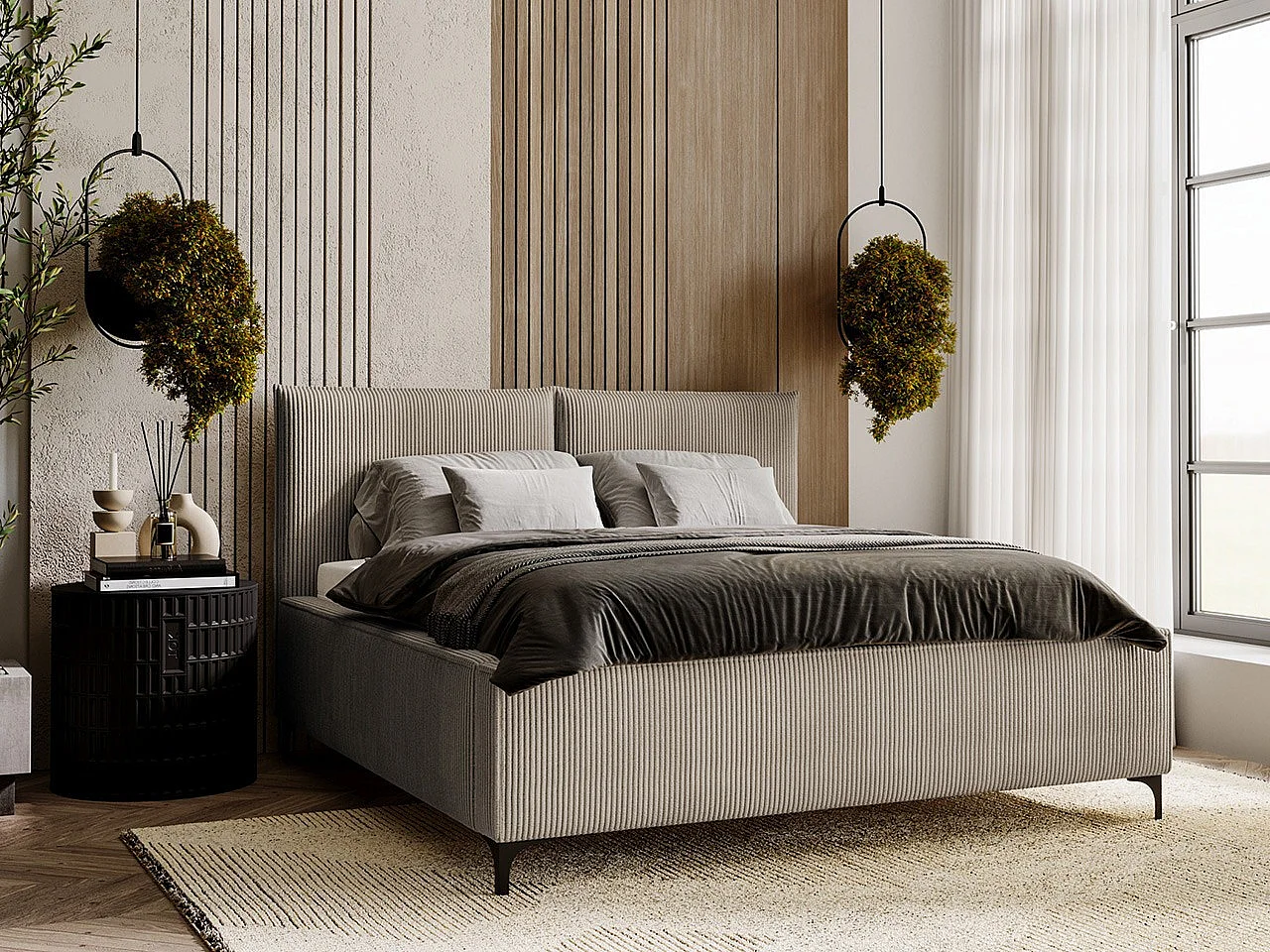 Cama Clovis 113, Doble, De color marrón claro, 200x200, Tapiz, Somieres, 220x214x108cm