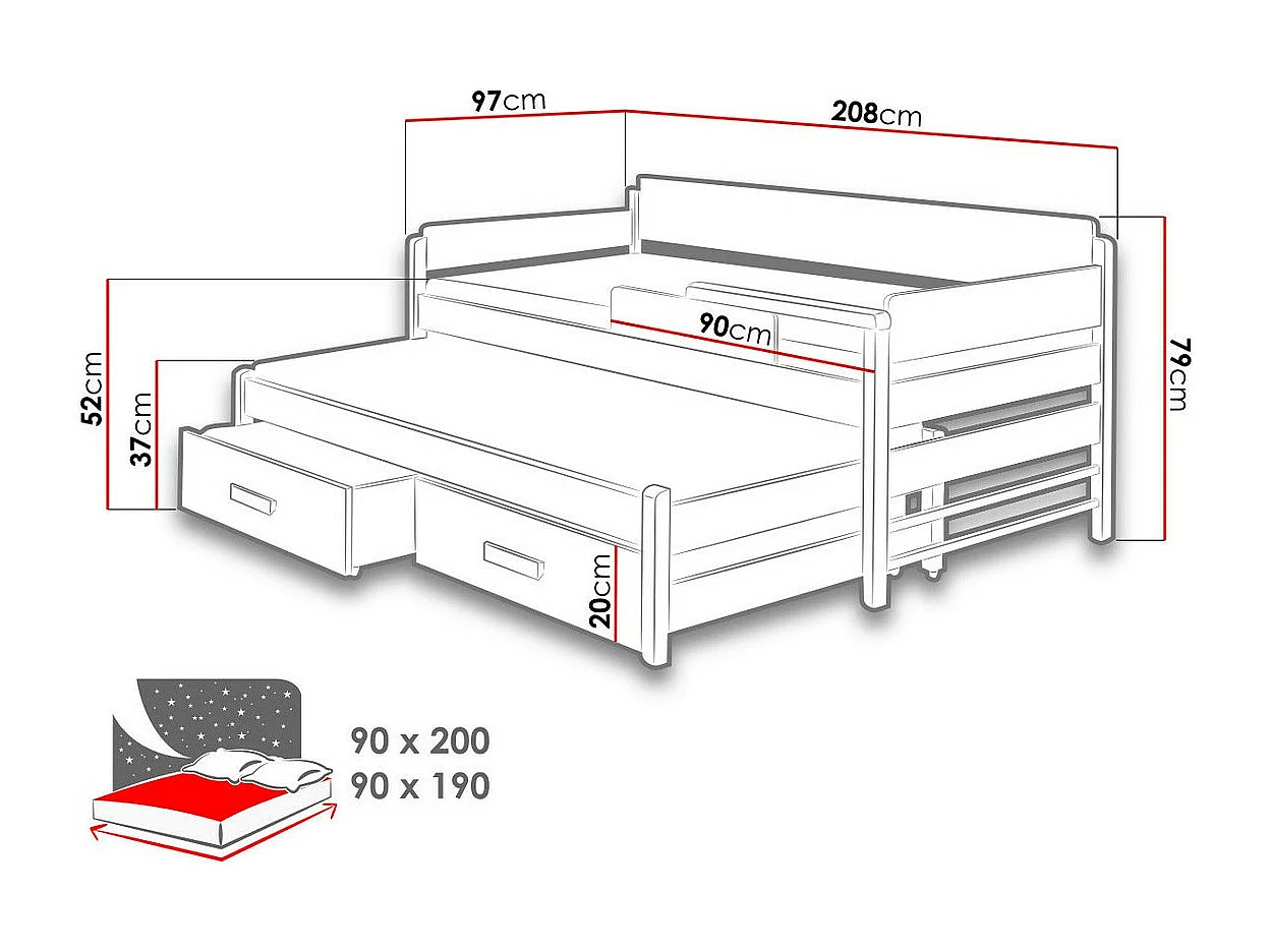 Cama Henderson 122, Solteiro com cama extra extensível, Cinzento