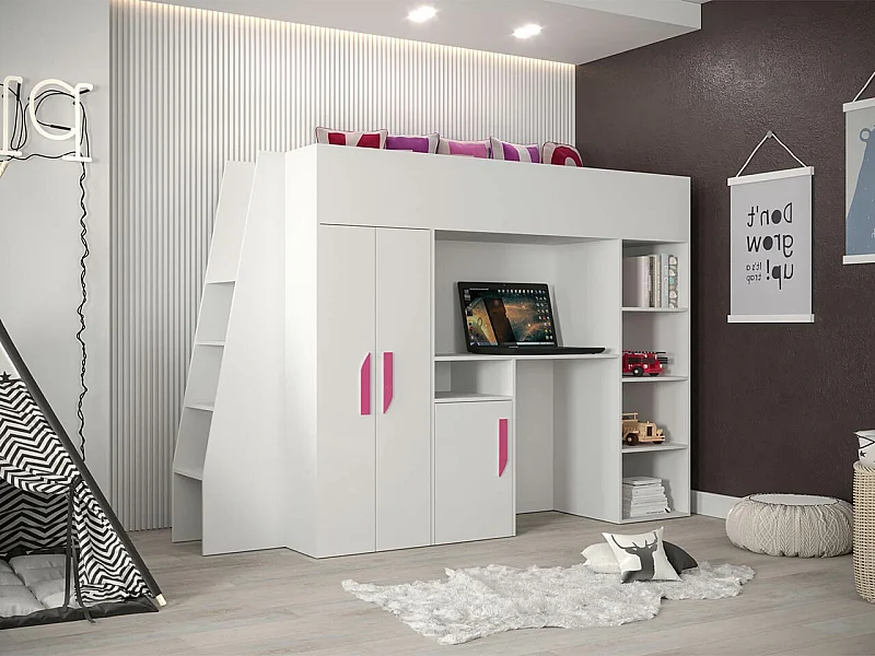 Lit haut Hartford 355, Unique, Blanc, 90x200, Stratifié, Sommier à lattes, 94x230x165cm