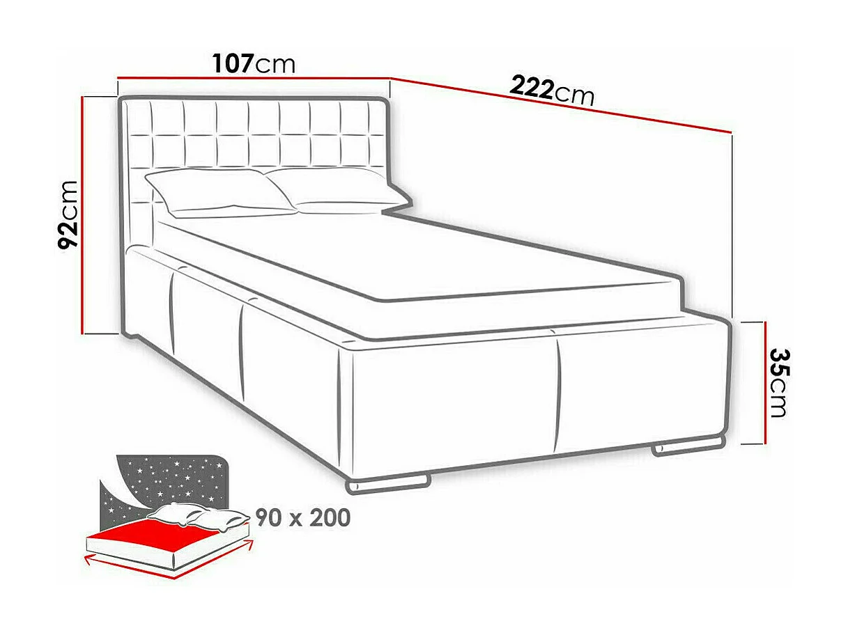 Cama Baltimore 104, Solteiro, Vermelho, Couro Ecológico, 11x22x9cm