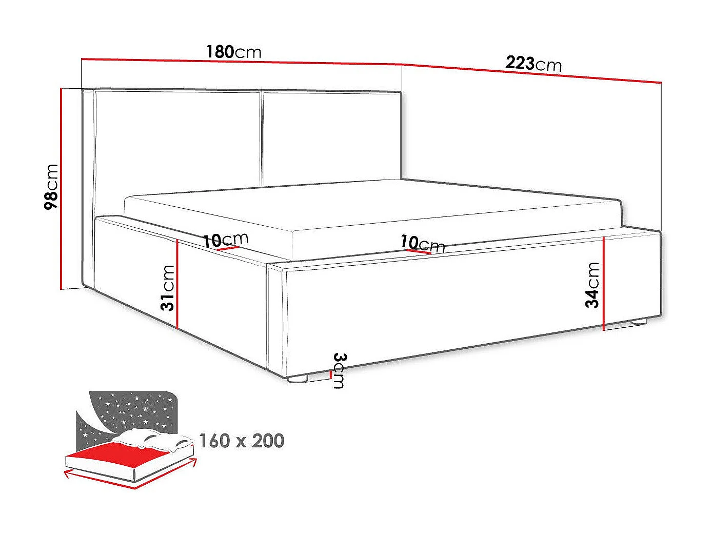 Cama TrendyNest 117, Casal, Cinzento, Tecido, Estrados de cama