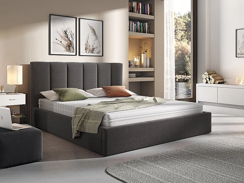 Lit ComfiDream 127, Double, Gris, 180x200, Tapisserie, Sommier à lattes, 190x213x106cm