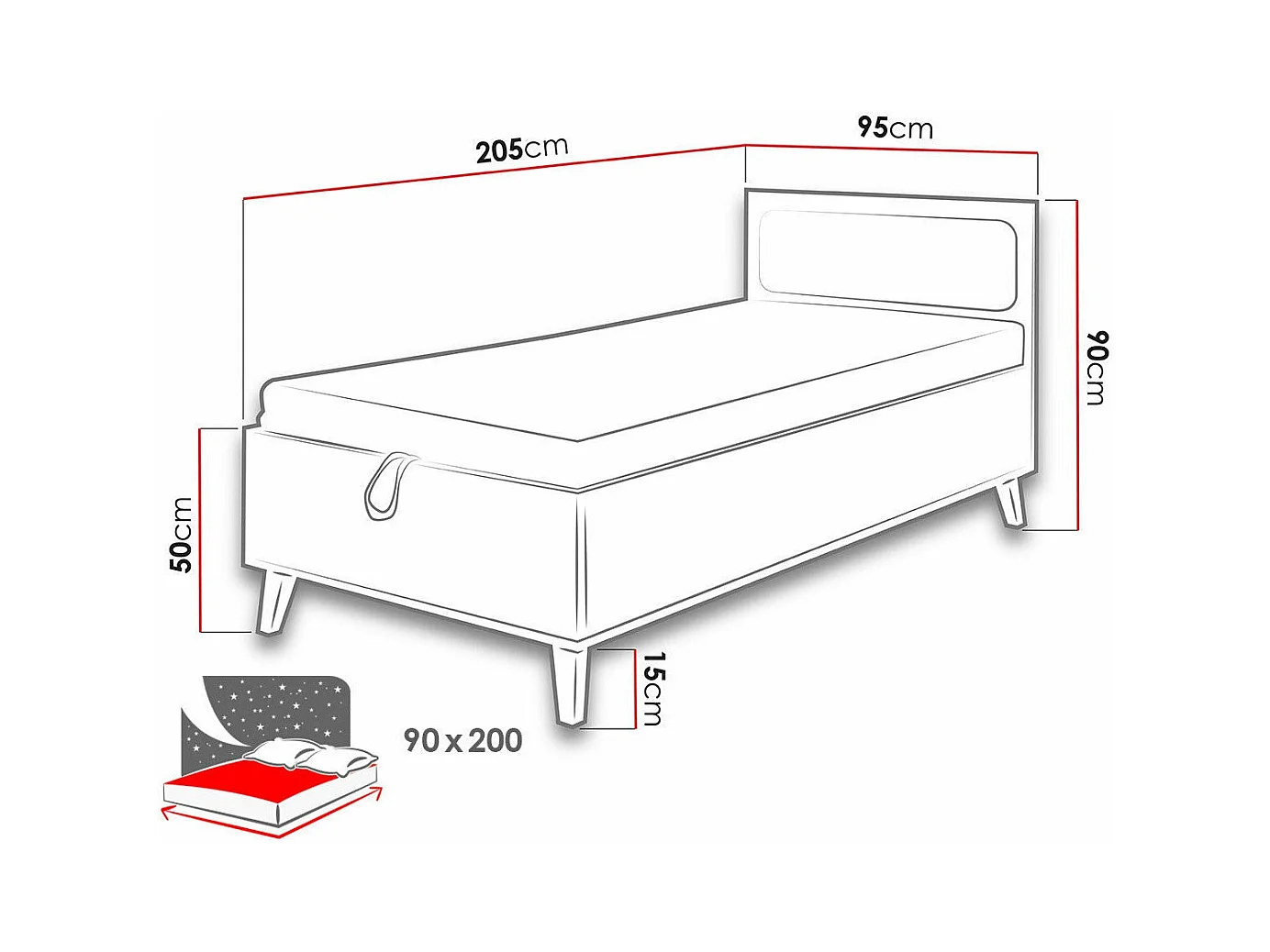 Cama Etrmoru 143, Individuales, De color marrón claro, 90x200, Aglomerado laminado, 95cm