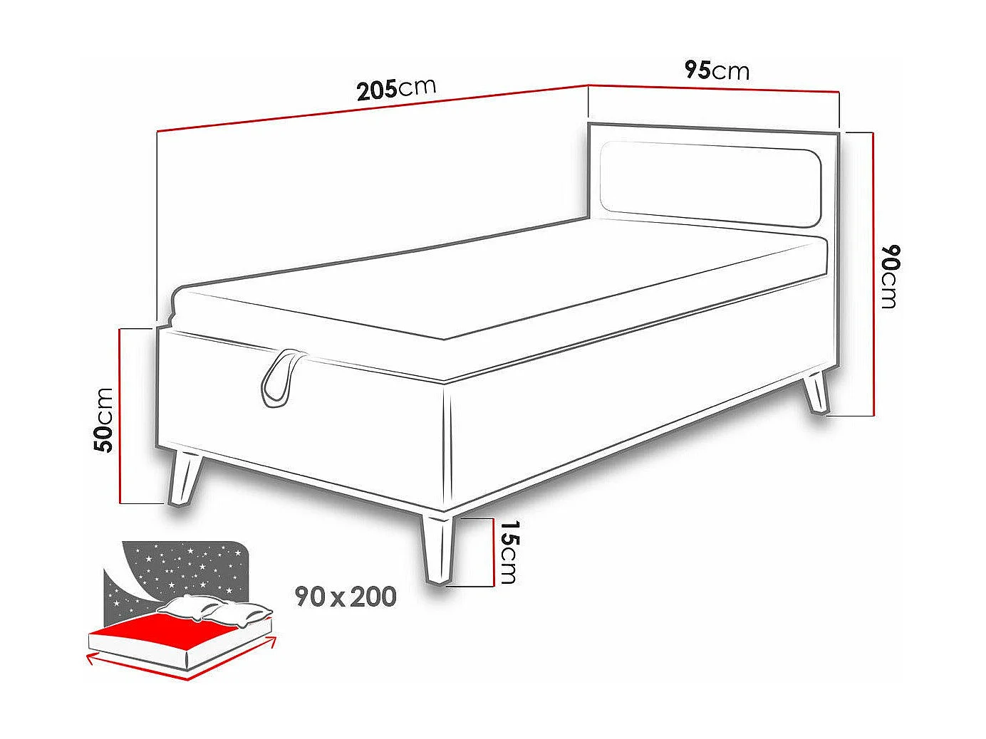 Cama Etrmoru 143, Individuales, De color marrón claro, 90x200, Aglomerado laminado, 95cm