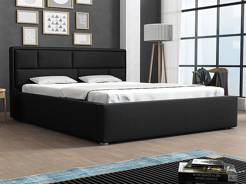 Cama Pomona 104, Doble, Negro, 140x200, Tapiz, Somieres, 160x223x93cm