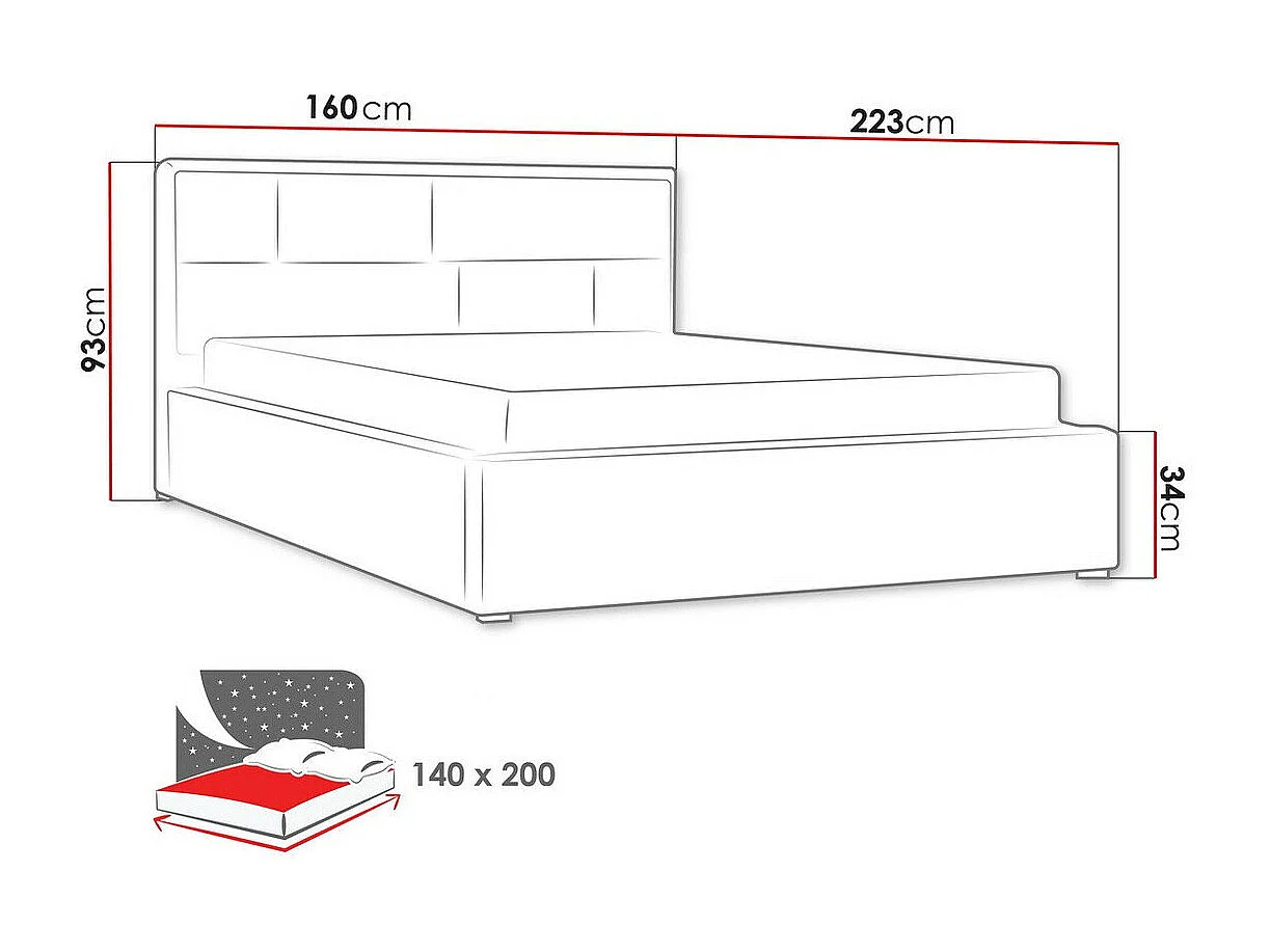 Cama Pomona 104, Doble, Negro, 140x200, Tapiz, Somieres, 160x223x93cm
