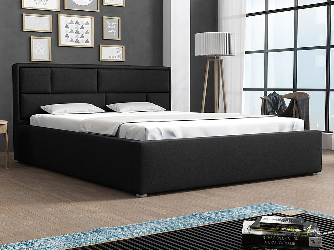 Lit Pomona 104, Double, Noir, 140x200, Tissu, Disponible, 160x223x93cm