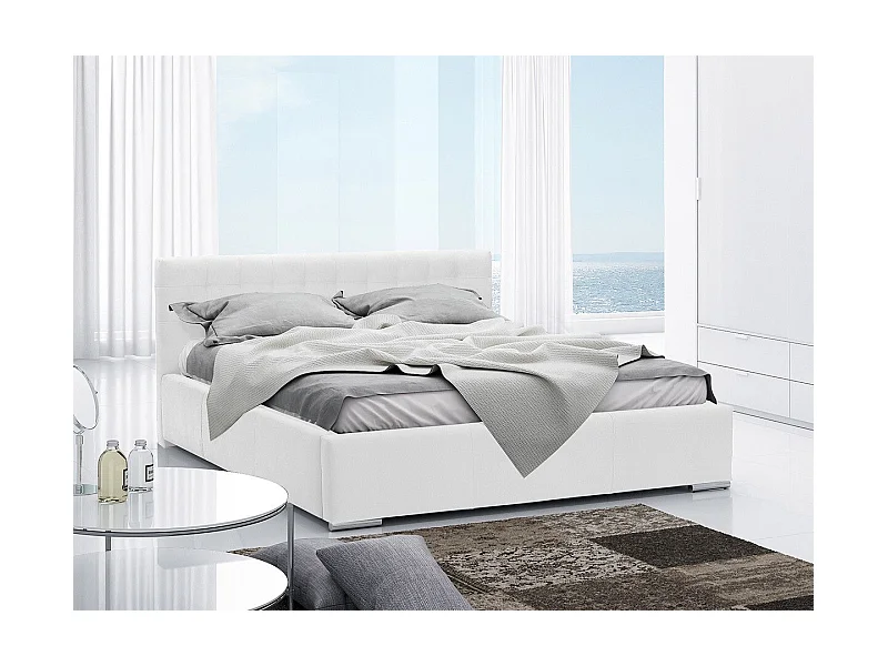 Cama Baltimore 106, Doble, Blanco, 160x200, Cuero ecológico, Somieres, 178x222x92cm