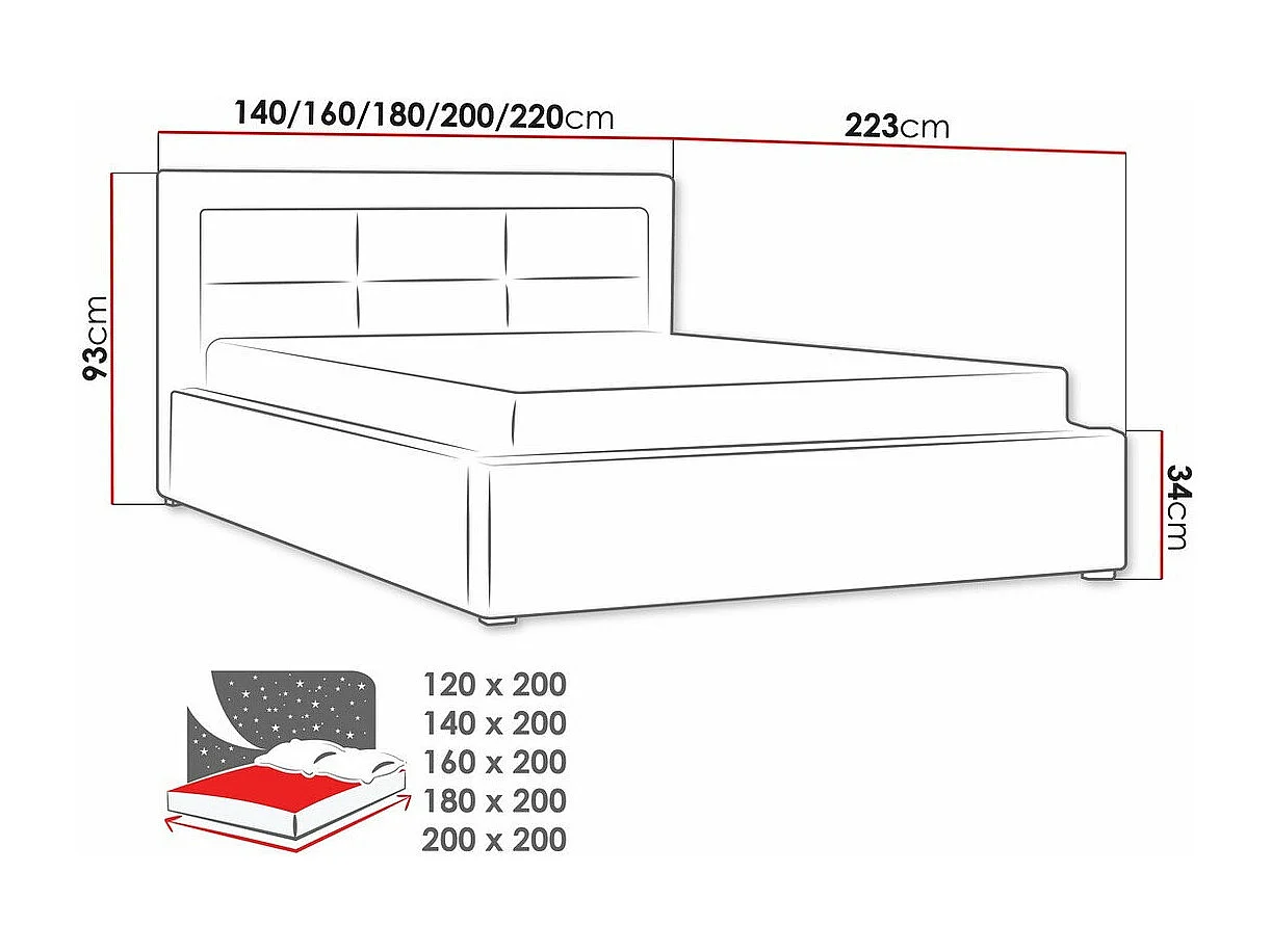 Cama Pomona 103, Individuales, Negro, 120x200, Tapiz, Somieres, 140x223x93cm