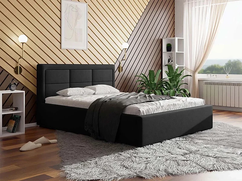 Lit Pomona 103, Unique, Noir, 120x200, Tissu, Disponible, 140x223x93cm