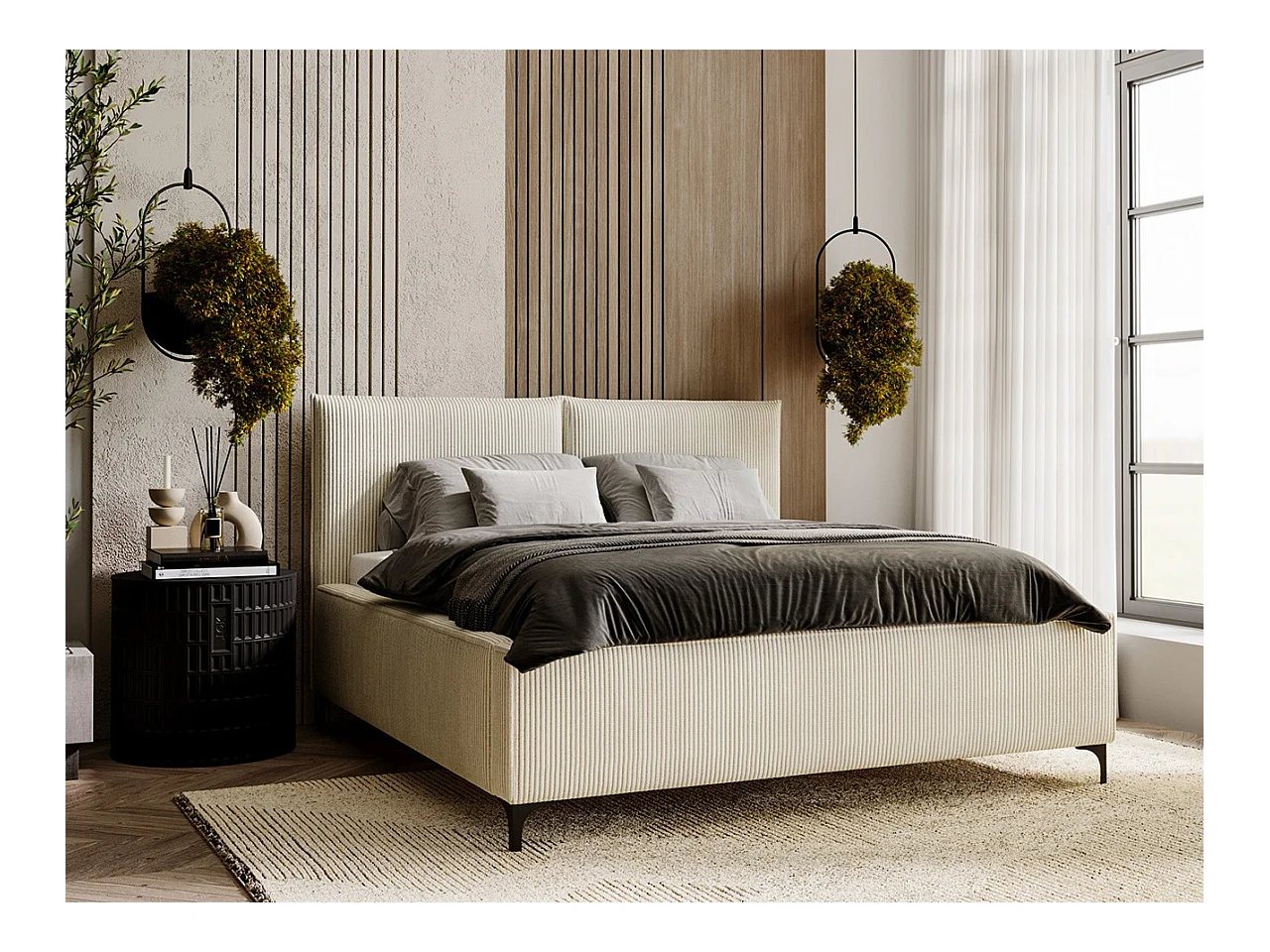 Cama Clovis 113, Doble, De color marrón claro, 160x200, Tapiz, Somieres, 180x214x108cm