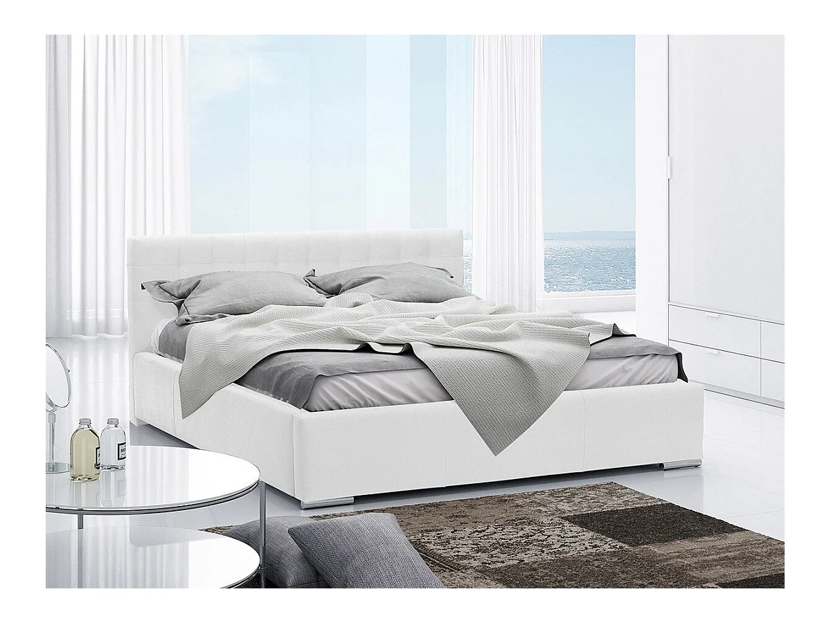 Lit Baltimore 106, Double, Blanc, 140x200, Faux cuir, Sommier à lattes, 158x222x92cm