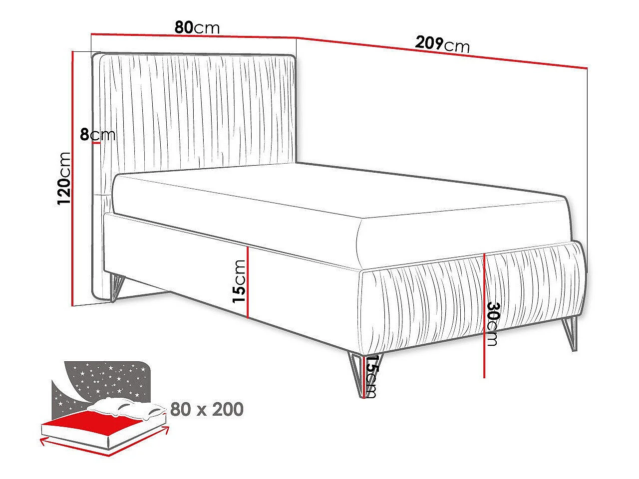 Cama Logan 112, Individuales, Gris claro, Tapiz, Somieres, 8x21x12cm