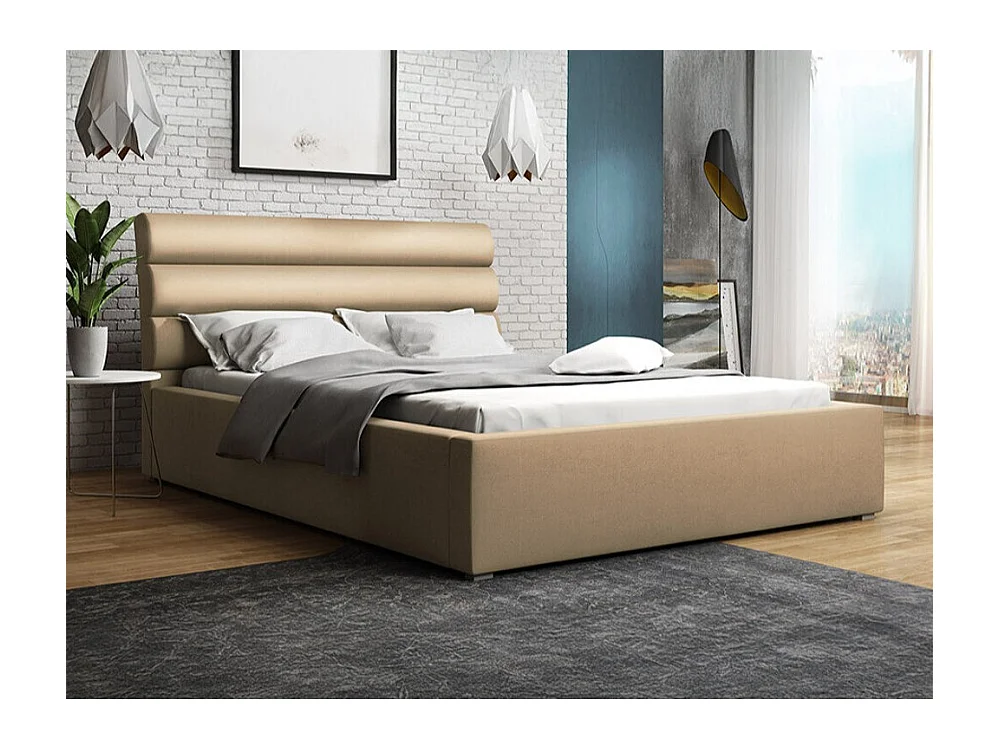 Cama Pomona 108, Casal, Castanho claro, Tecido, Estrados de cama