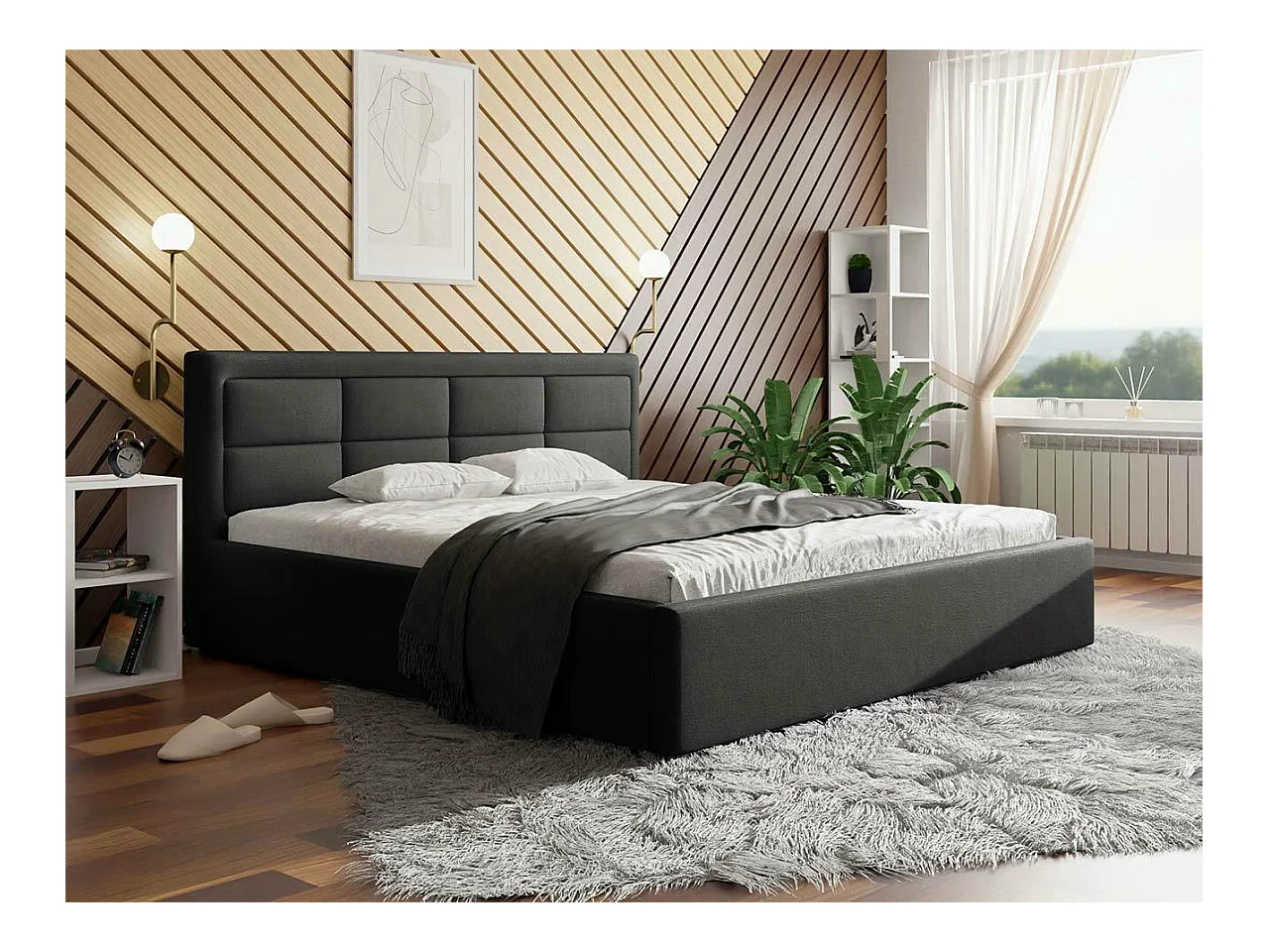 Lit Pomona 103, Double, Gris, 160x200, Tapisserie, Sommier à lattes, 180x223x93cm