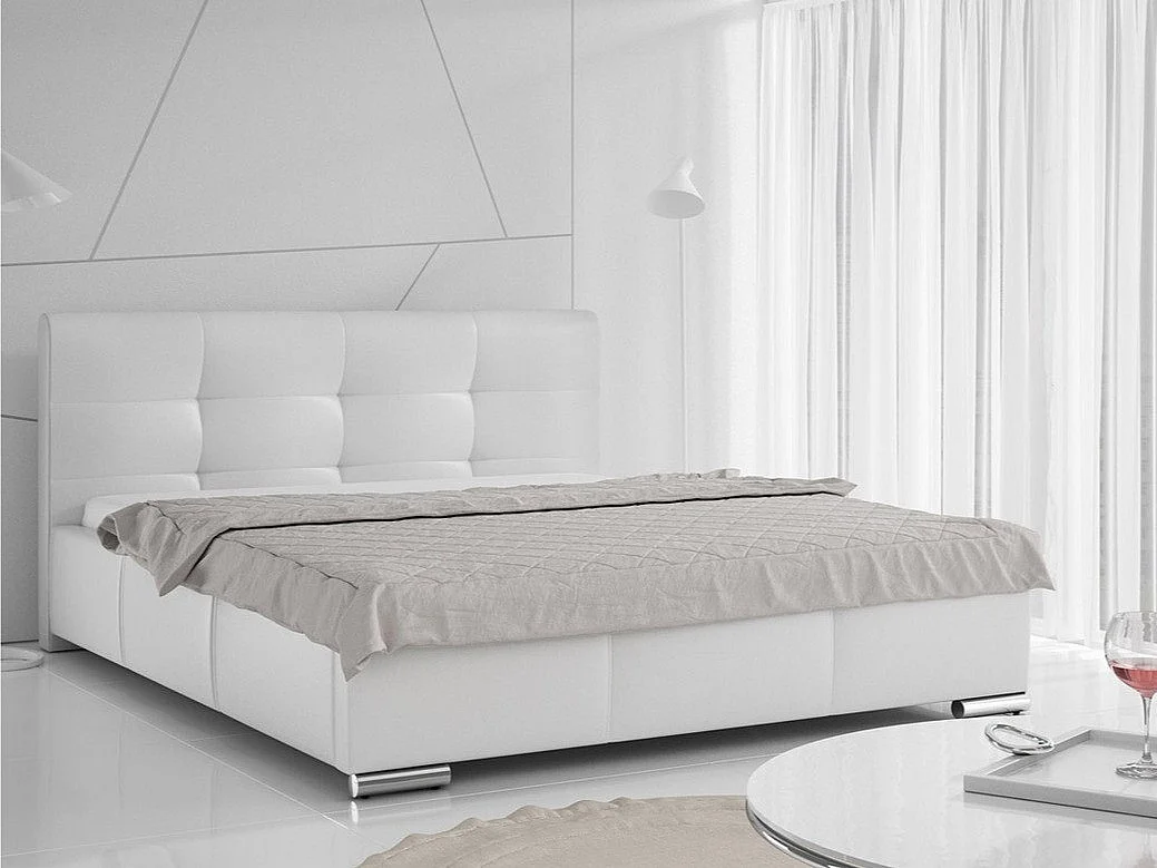 Cama Baltimore 108, Doble, Blanco, 160x200, Cuero ecológico, Somieres, 178x222x100cm