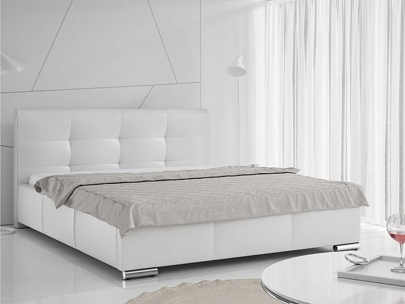 Cama Baltimore 108, Doble, Blanco, 160x200, Cuero ecológico, Somieres, 178x222x100cm