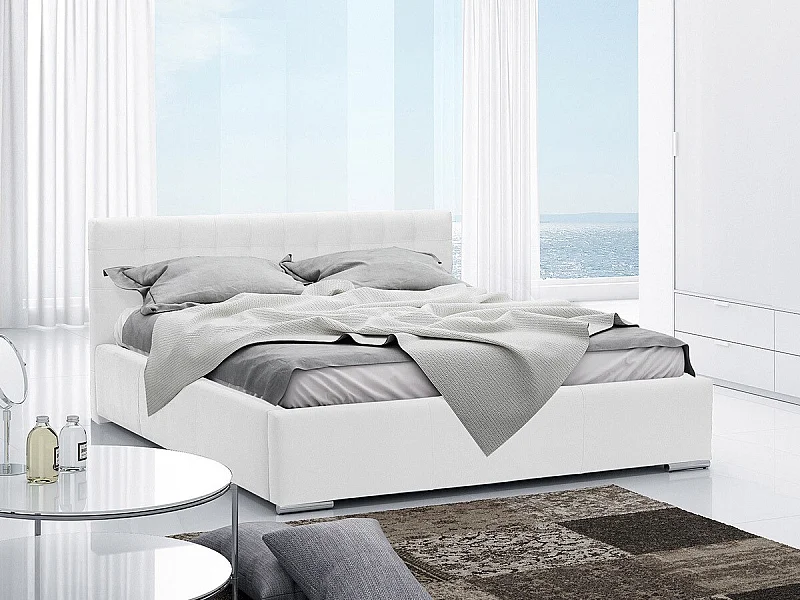 Cama Baltimore 106, Doble, Blanco, 180x200, Cuero ecológico, Somieres, 198x222x92cm