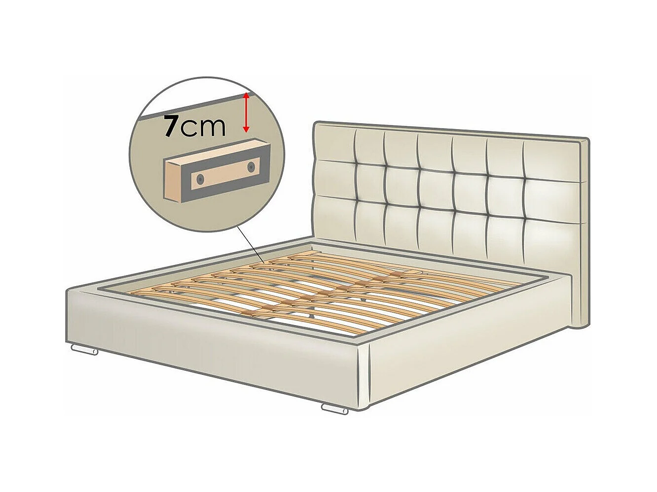 Cama Florence 101, Casal, Cinzento, Couro Ecológico, Estrados de cama