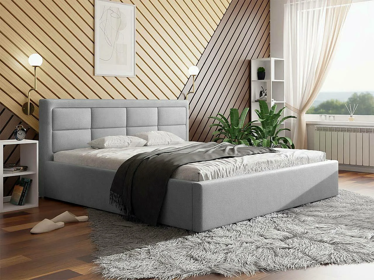 Cama Pomona 103, Solteiro, Cinzento, Tecido, Estrados de cama