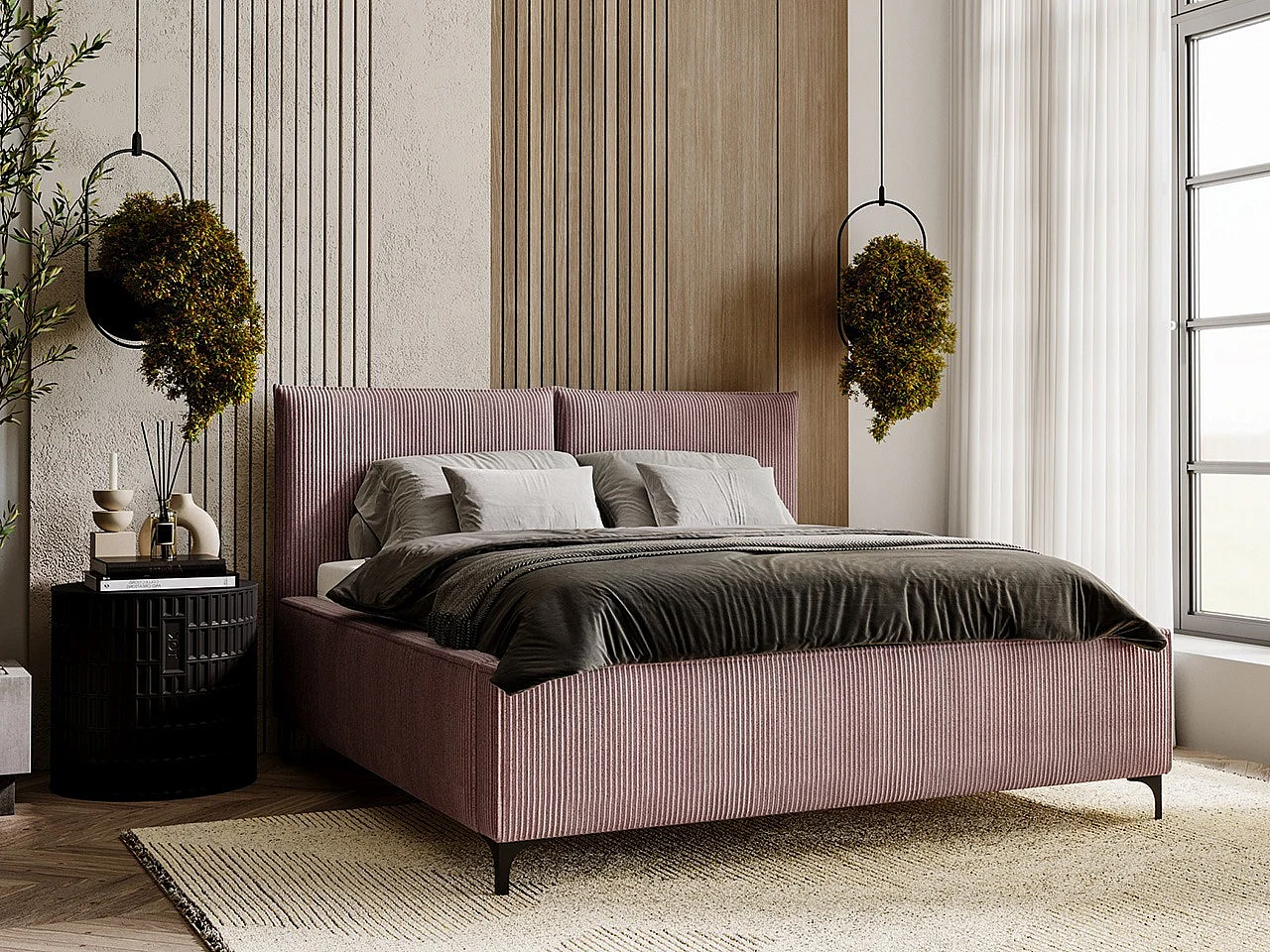 Cama Clovis 113, Doble, Rosa, 200x200, Tapiz, Somieres, 220x214x108cm
