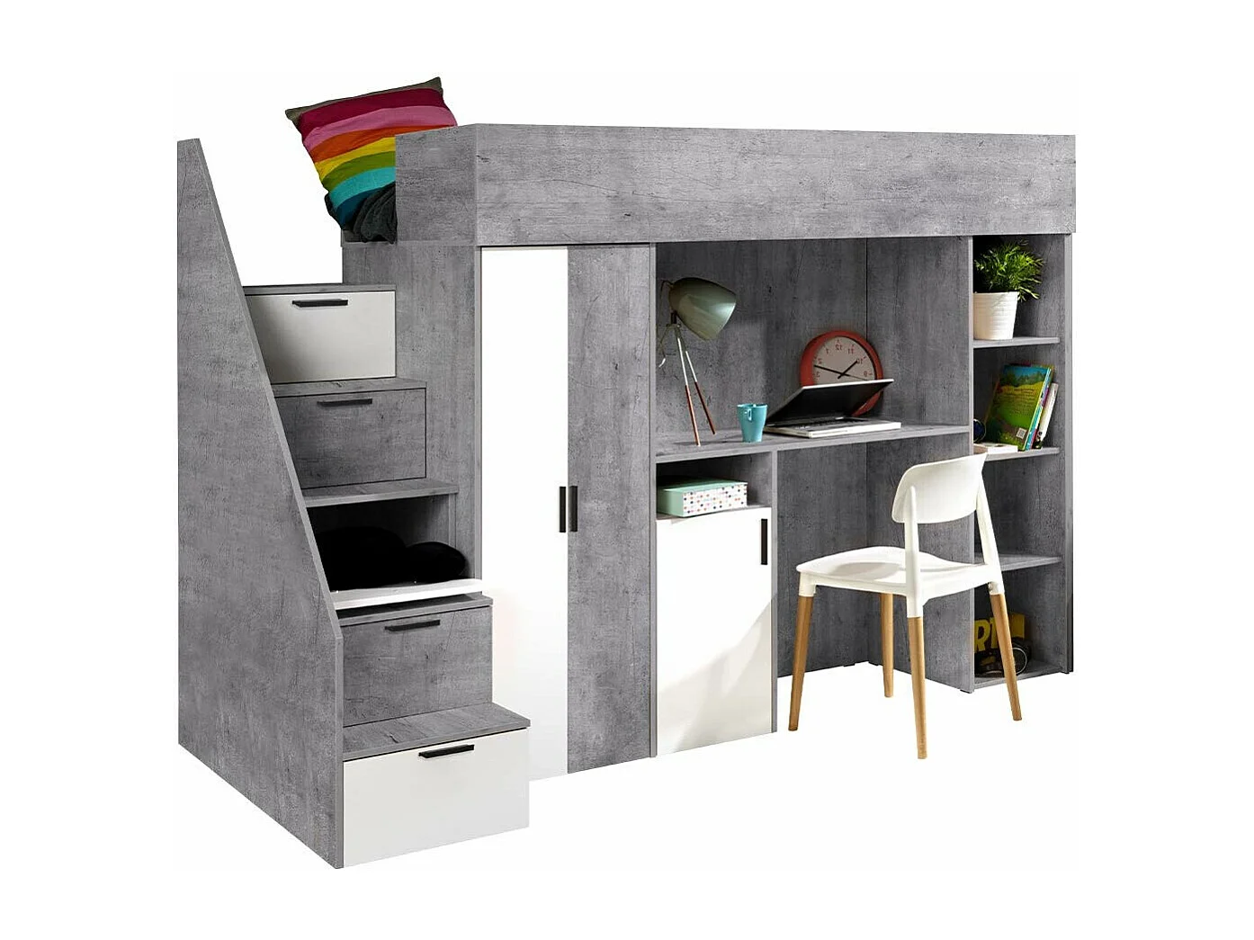 Lit haut Hartford 365, Unique, Gris, 90x200, Stratifié, Sommier à lattes, 120x247x165cm