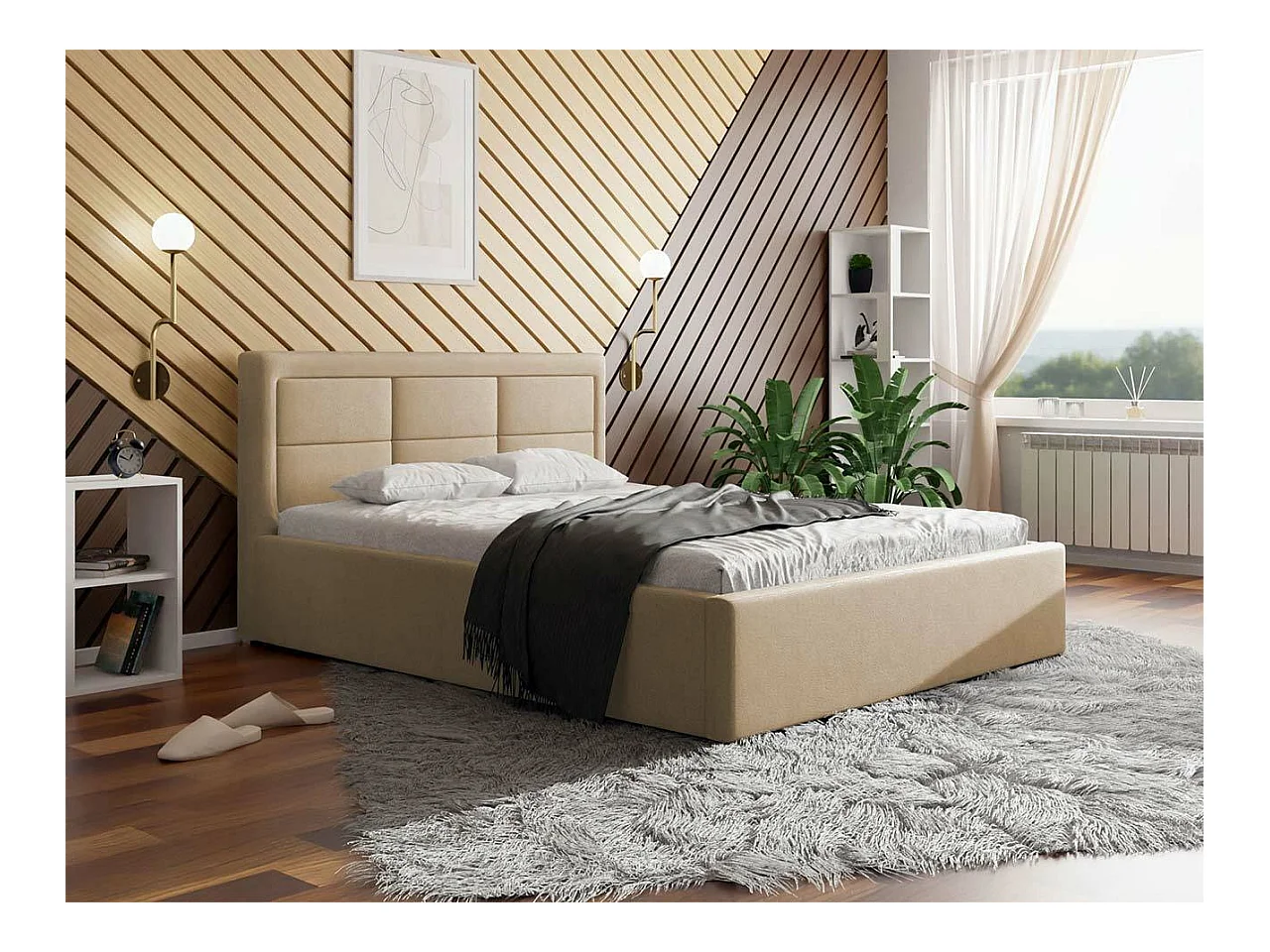 Cama Pomona 103, Casal, Castanho claro, Tecido, Estrados de cama