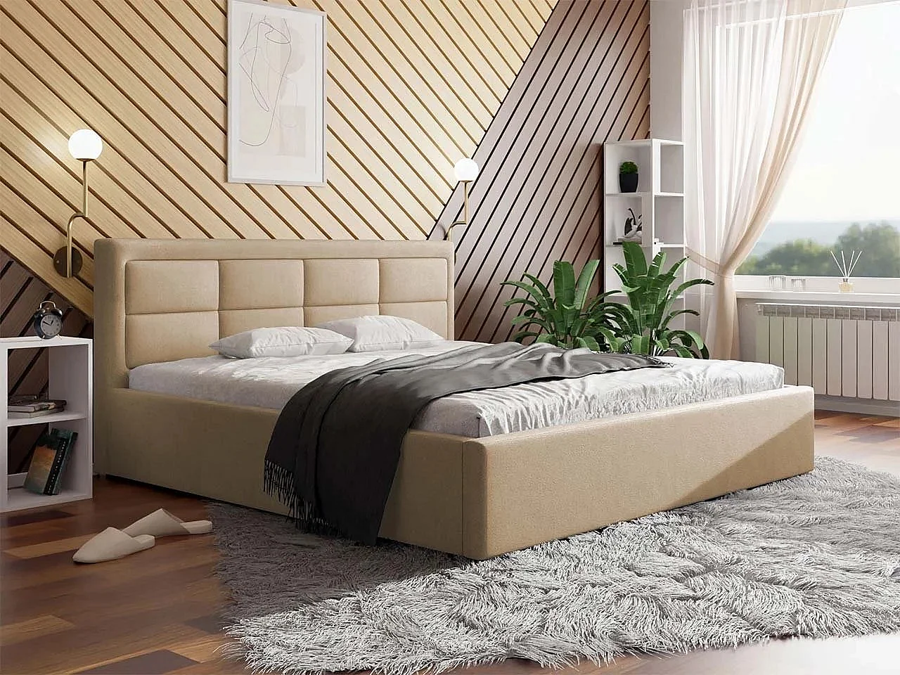 Cama Pomona 103, Doble, De color marrón claro, 180x200, Tapiz, Somieres, 200x223x93cm