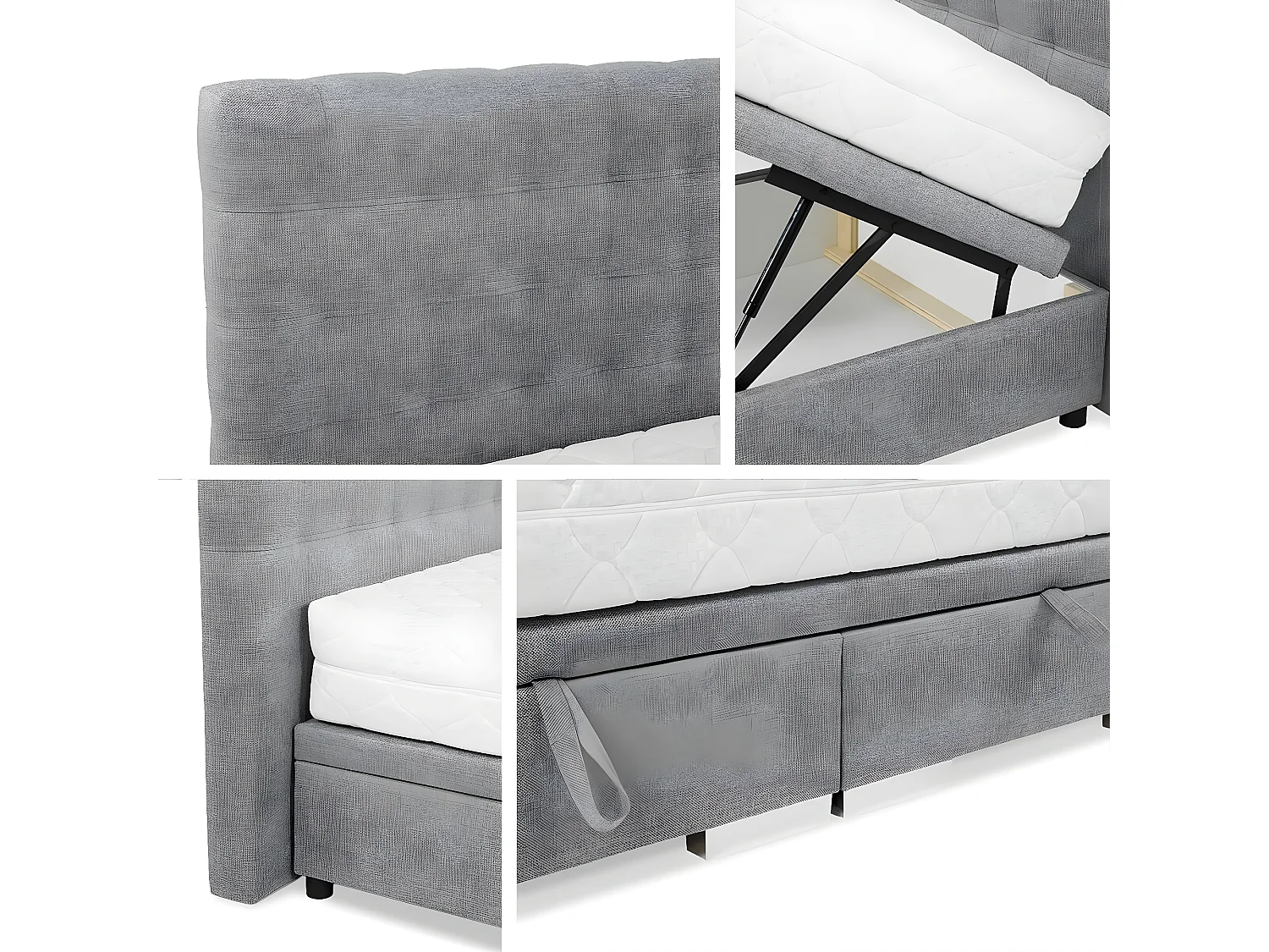 Lit Florence 107, Double, Gris, Tapisserie, Sommier à lattes, 160x214x109cm