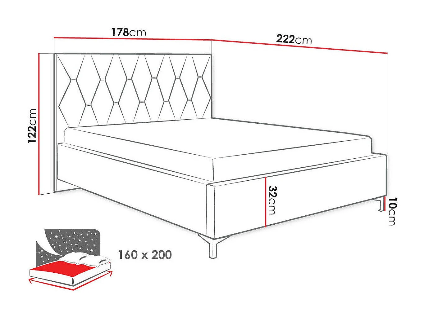 Cama Baltimore 192, Casal, Verde, Tecido, Estrados de cama, 18x22x12cm