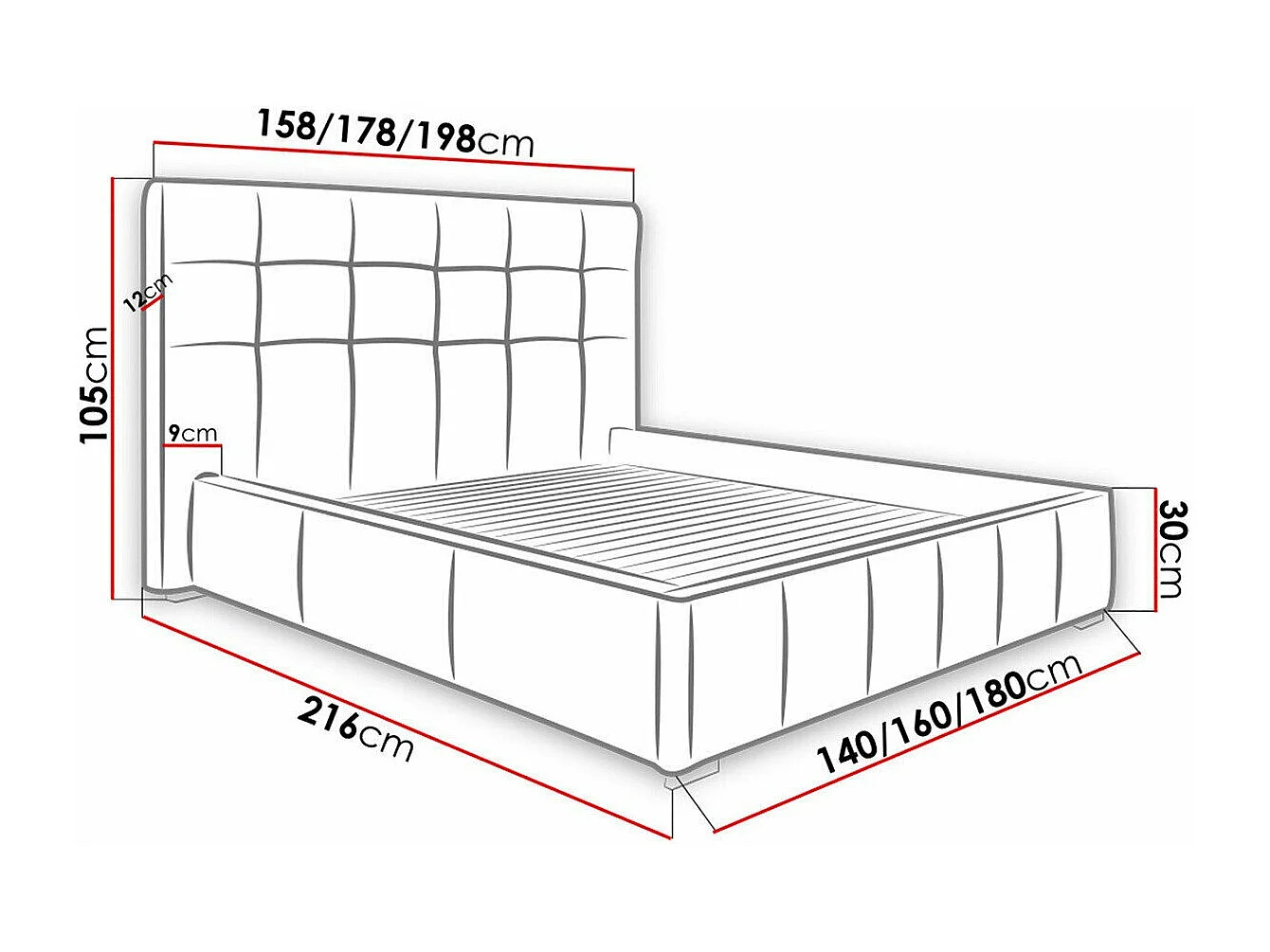 Letto Florence 100, Doppio, Nero, 140x200, Eco-pelle, Con, 158x216x105cm