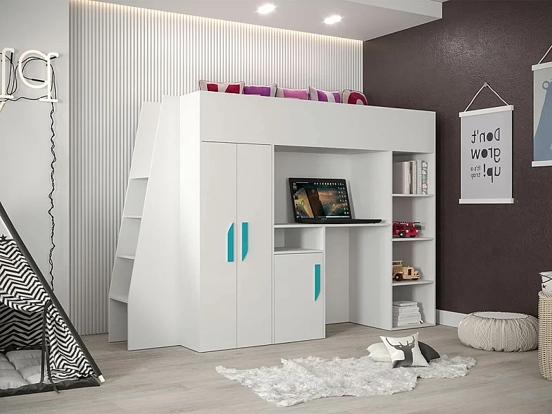 Lit haut Hartford 355, Unique, Blanc, 90x200, Stratifié, Sommier à lattes, 94x230x165cm