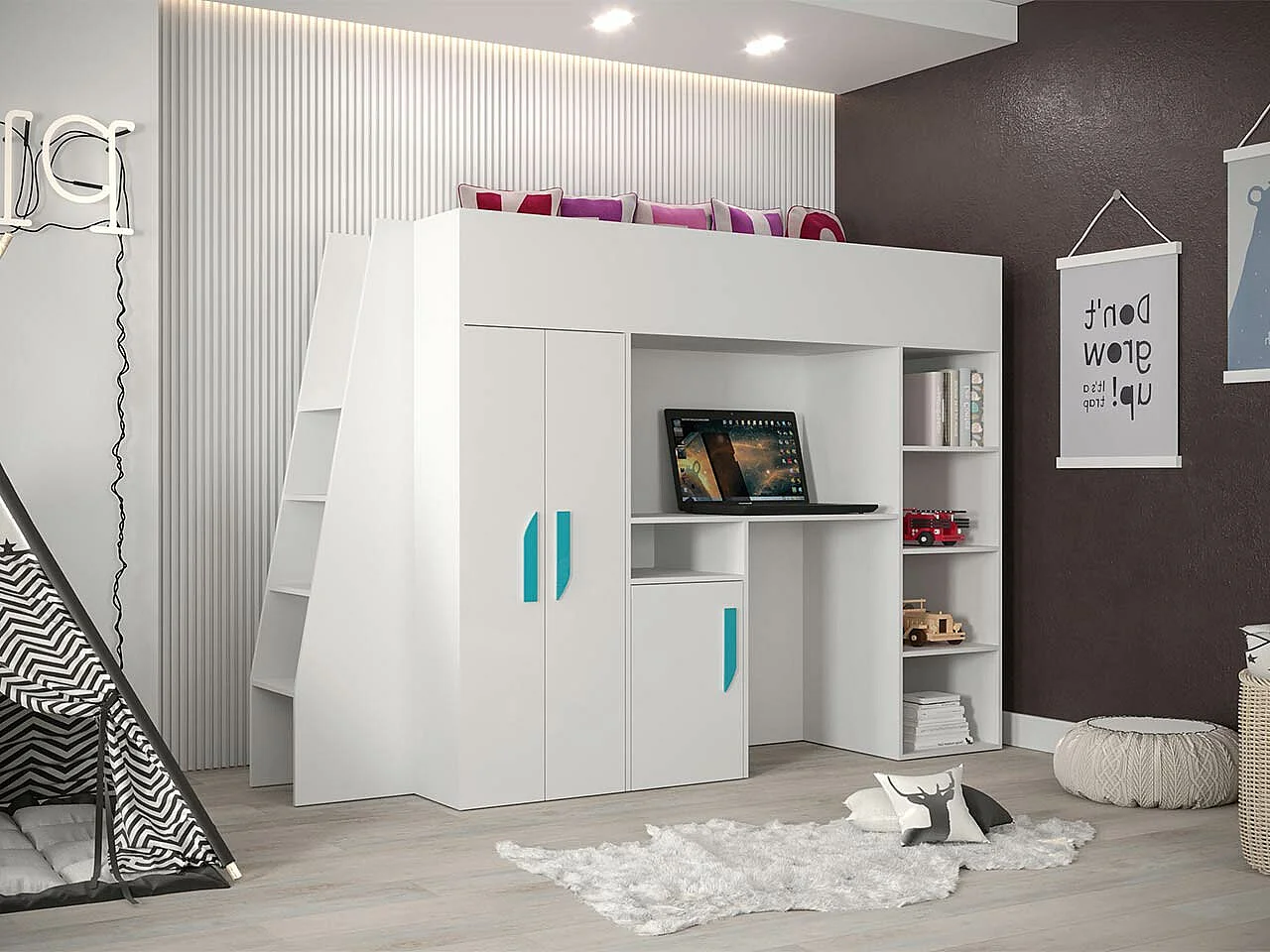 Lit haut Hartford 355, Unique, Blanc, 90x200, Stratifié, Sommier à lattes, 94x230x165cm