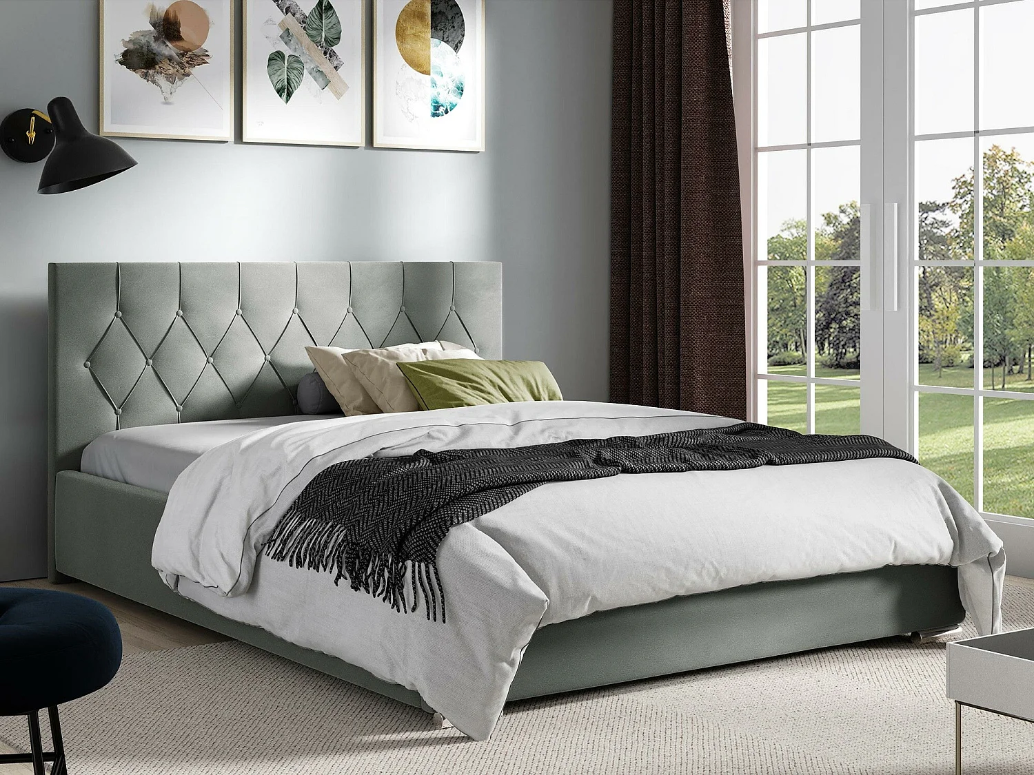 Lit Baltimore 160, Double, Gris, 200x200, Tissu, Disponible, 218x222x92cm