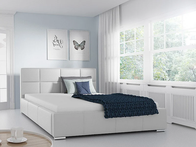 Cama Baltimore 122, Doble, Blanco, 140x200, Cuero ecológico, Somieres, 158x222x92cm