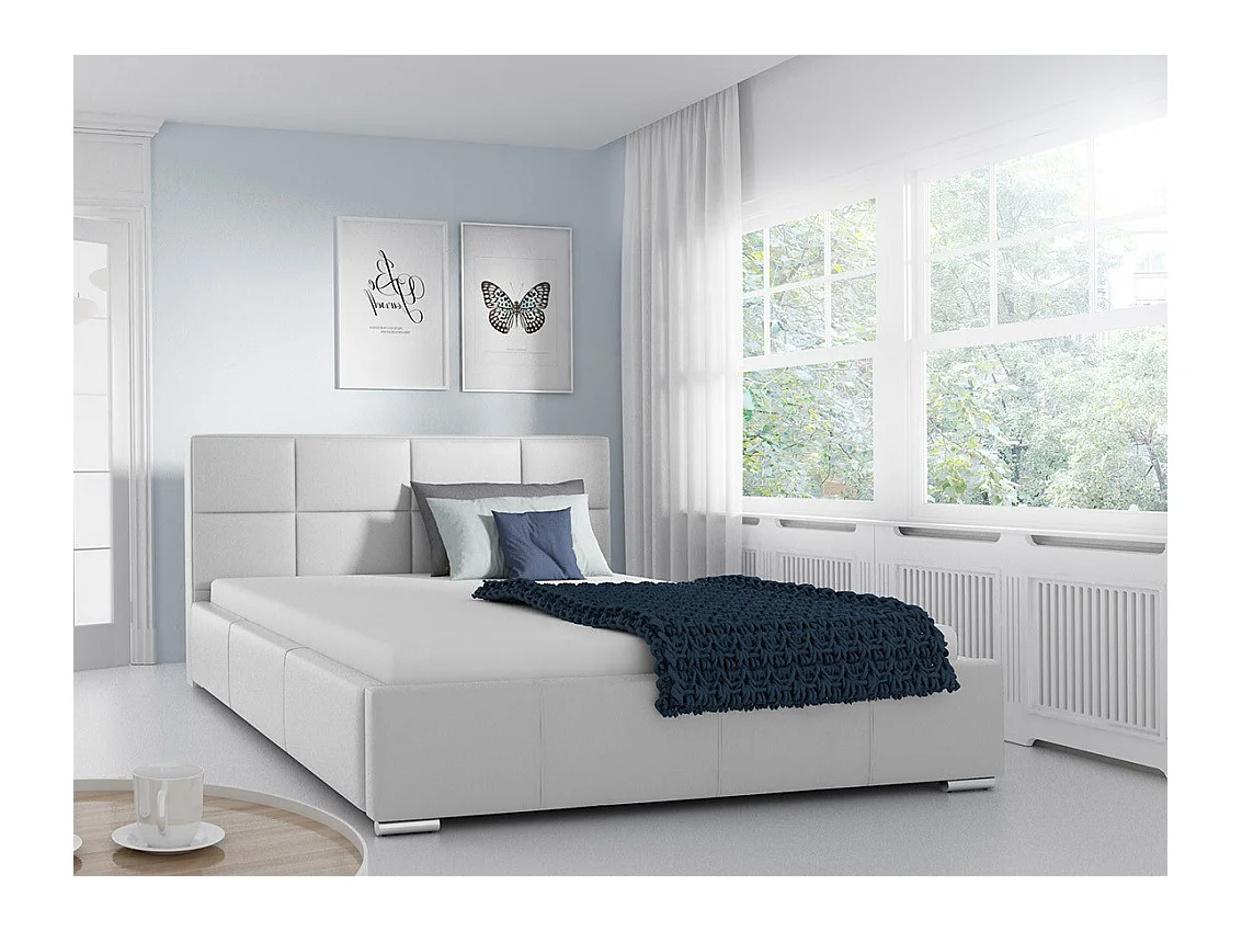 Cama Baltimore 122, Casal, Branco, Eco couro, Estrados de cama