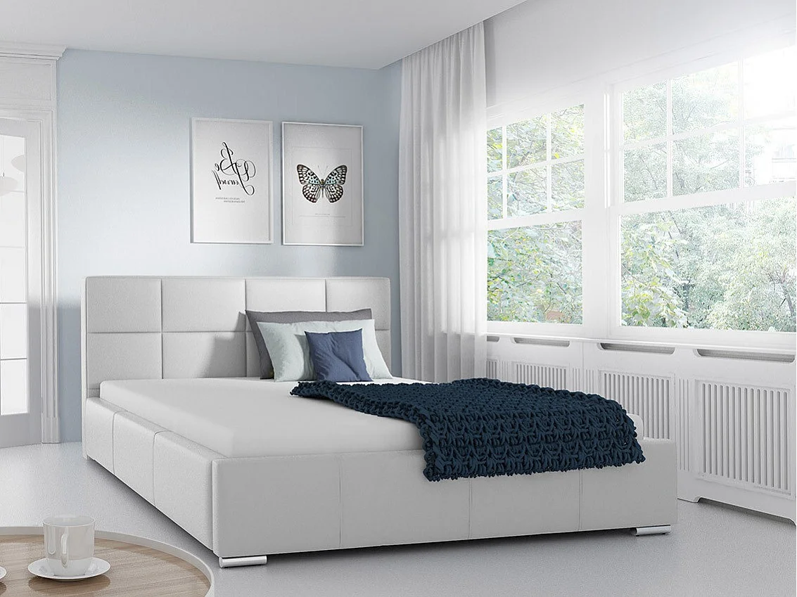 Cama Baltimore 122, Doble, Blanco, 140x200, Cuero ecológico, Somieres, 158x222x92cm