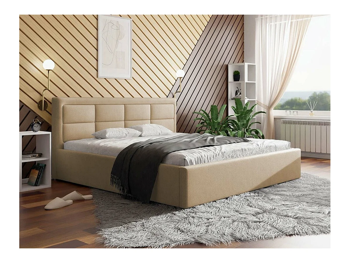 Lit Pomona 102, Double, Brun clair, 200x200, Tapisserie, Sommier à lattes, 220x223x93cm