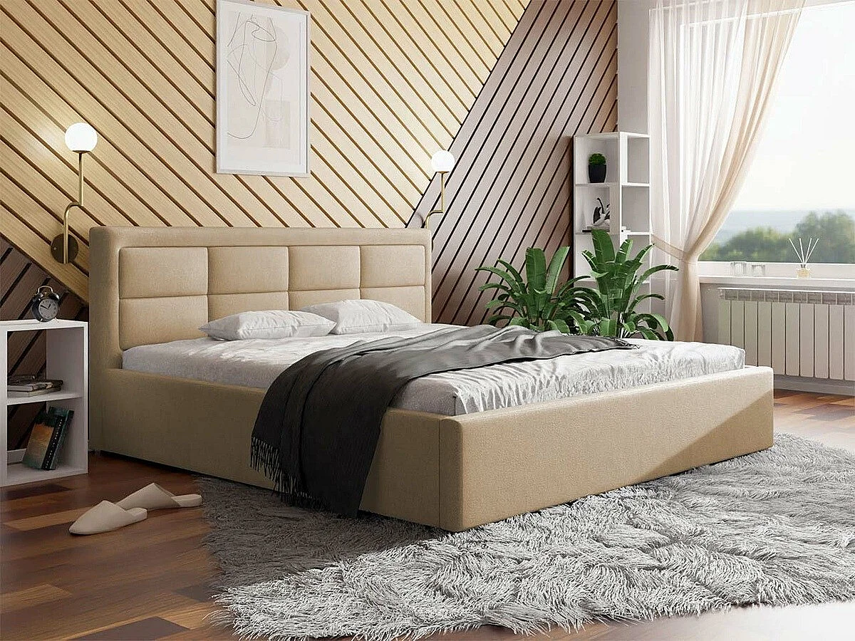Cama Pomona 102, Doble, De color marrón claro, 200x200, Tapiz, Somieres, 220x223x93cm