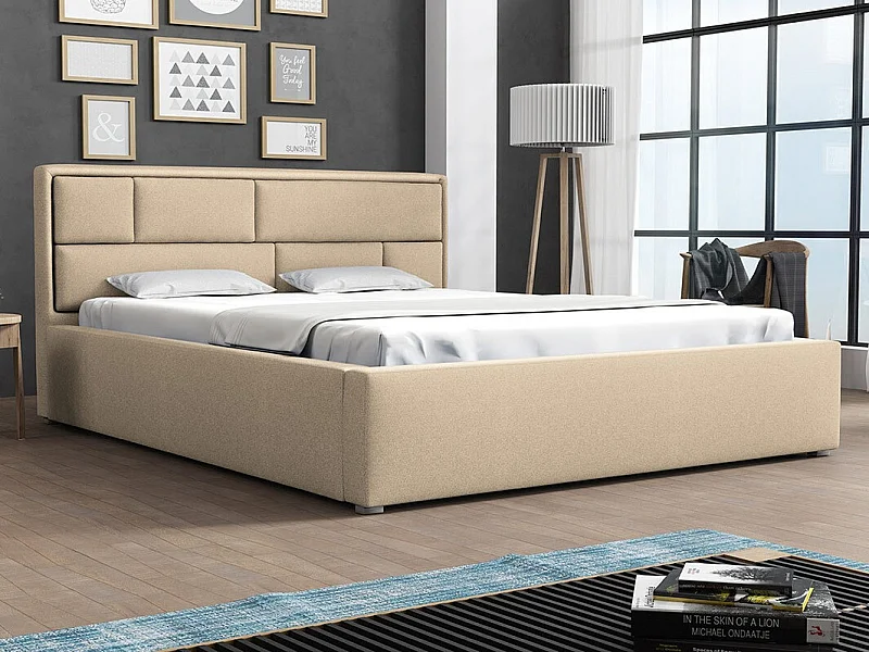 Cama Pomona 104, Doble, De color marrón claro, 140x200, Tapiz, Somieres, 160x223x93cm