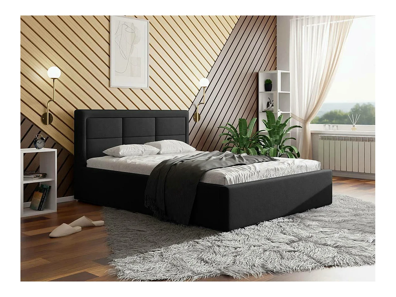 Cama Pomona 103, Doble, Negro, 180x200, Tapiz, Somieres, 200x223x93cm