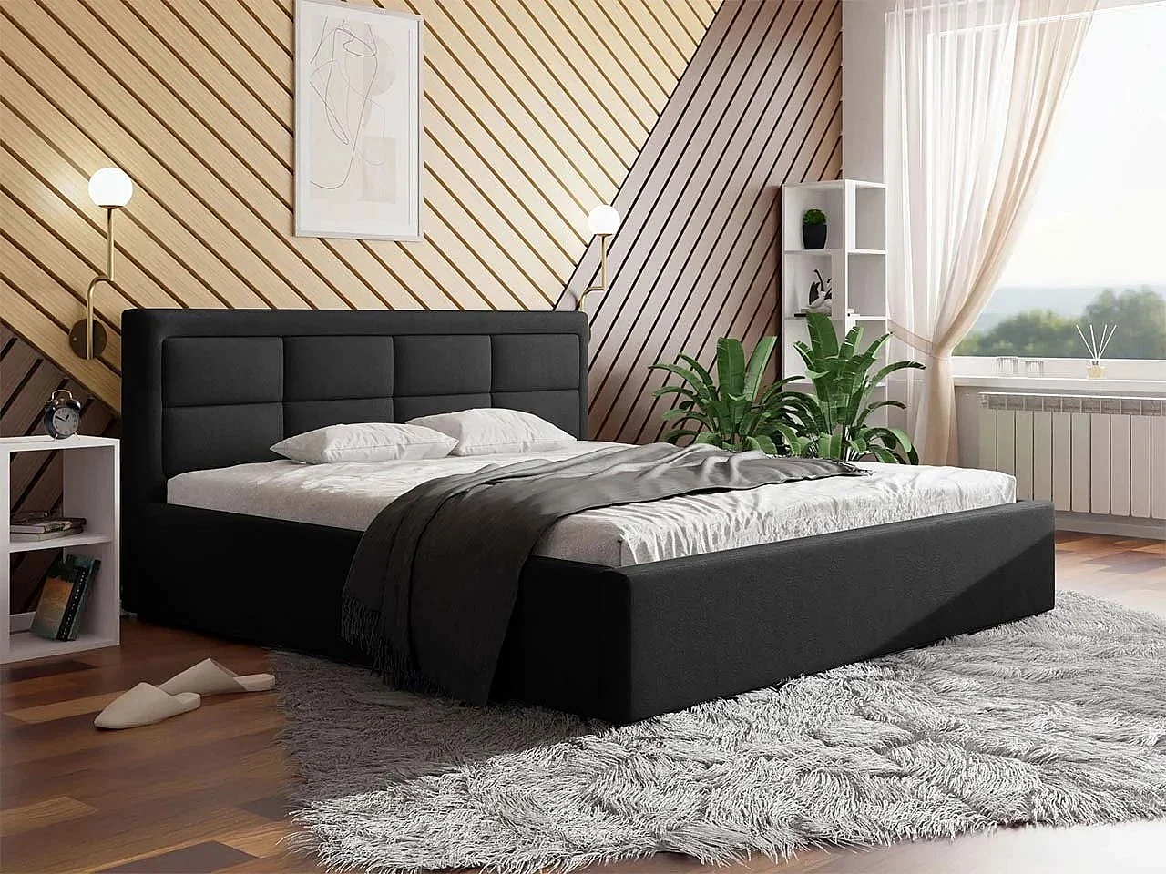 Lit Pomona 103, Double, Noir, 180x200, Tissu, Disponible, 200x223x93cm