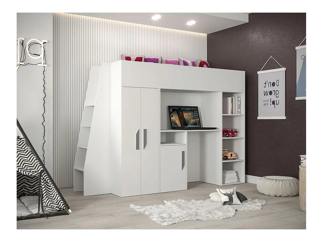 Letto alto Hartford 355, Singolo, Bianco, 90x200, Truciolare laminato, Reti a doghe, 94cm