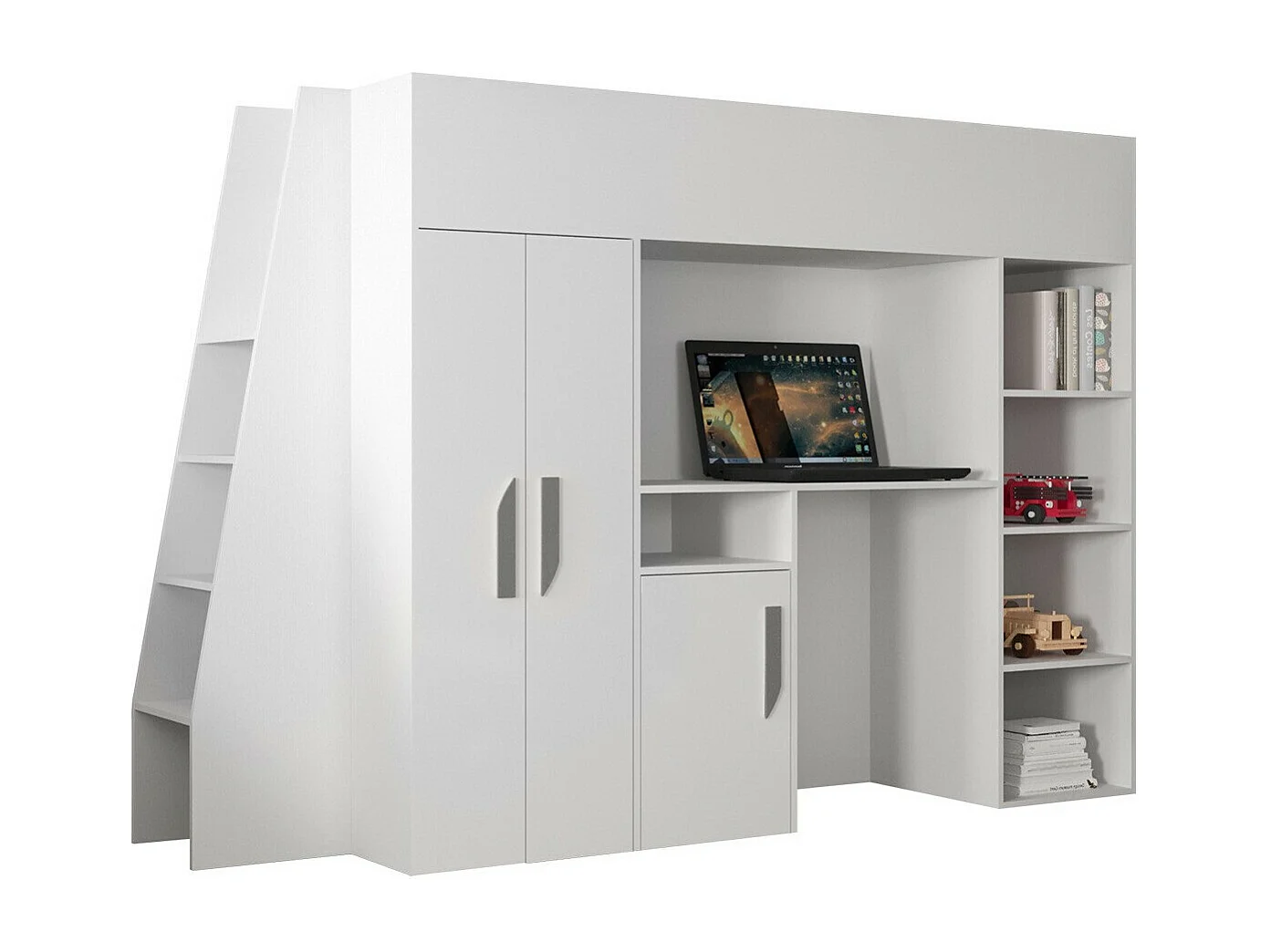 Lit haut Hartford 355, Unique, Blanc, 90x200, Stratifié, Sommier à lattes, 94x230x165cm