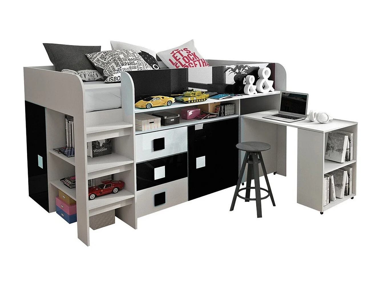 Lit Hartford 190, Unique, Noir, 90x200, Stratifié, Disponible, 107x204x125cm