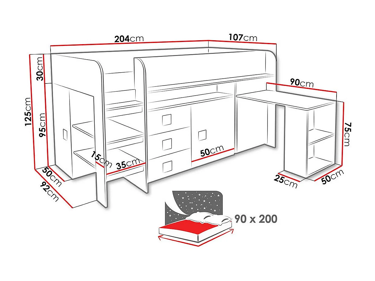 Lit Hartford 190, Unique, Noir, 90x200, Stratifié, Disponible, 107x204x125cm