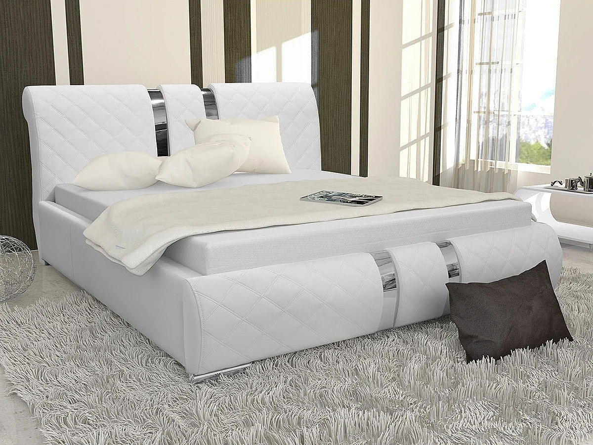 Cama Baltimore 103, Doble, Blanco, 180x200, Cuero ecológico, Somieres, 198x234x100cm