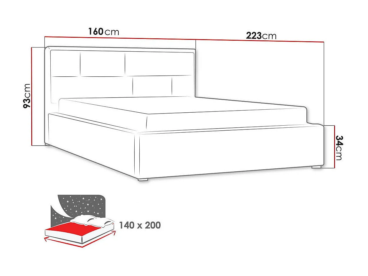 Lit Pomona 104, Double, Gris, 140x200, Tissu, Disponible, 160x223x93cm