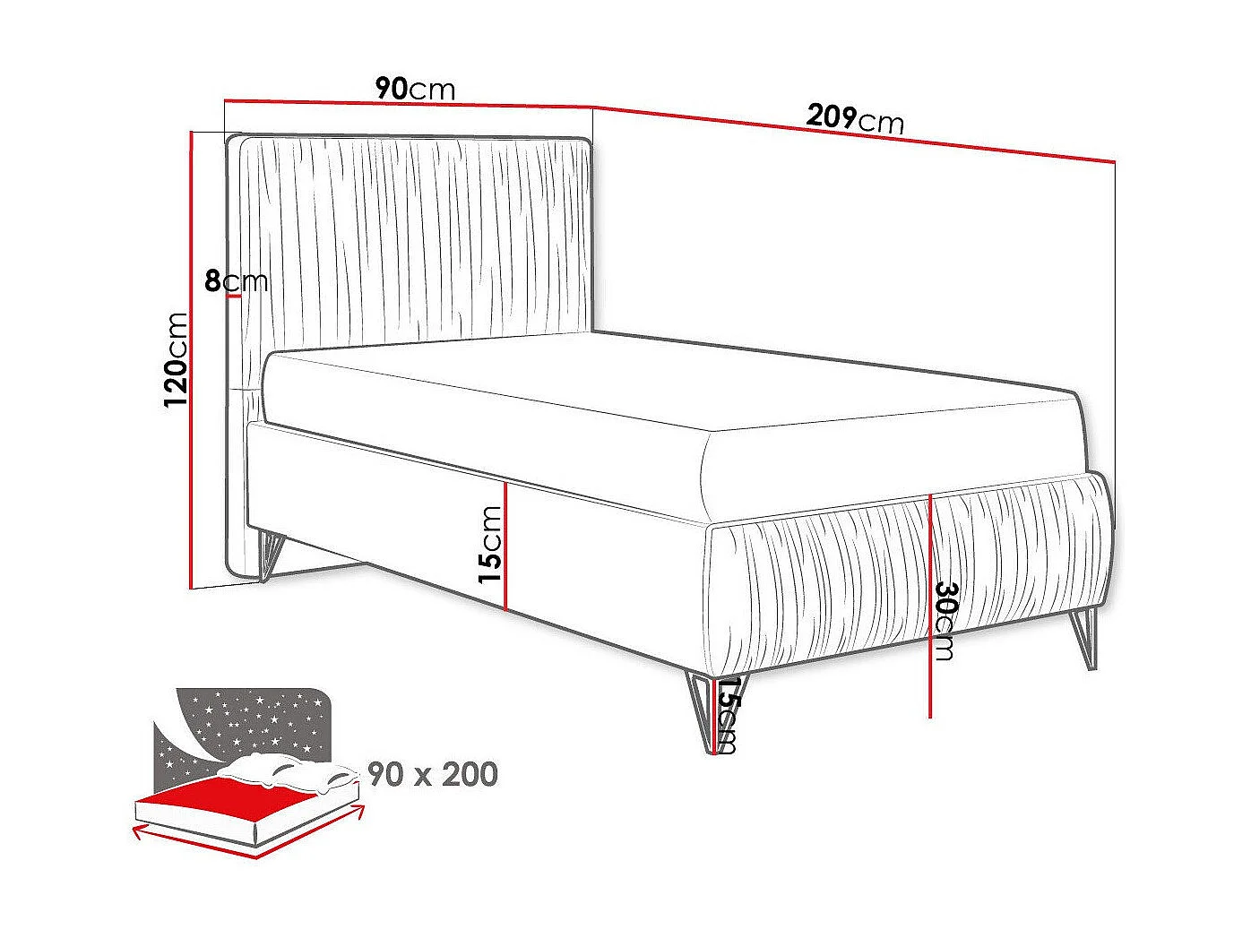 Lit continental Logan 112, Unique, Brun clair, 90x200, Tissu, Disponible, 90x209x120cm