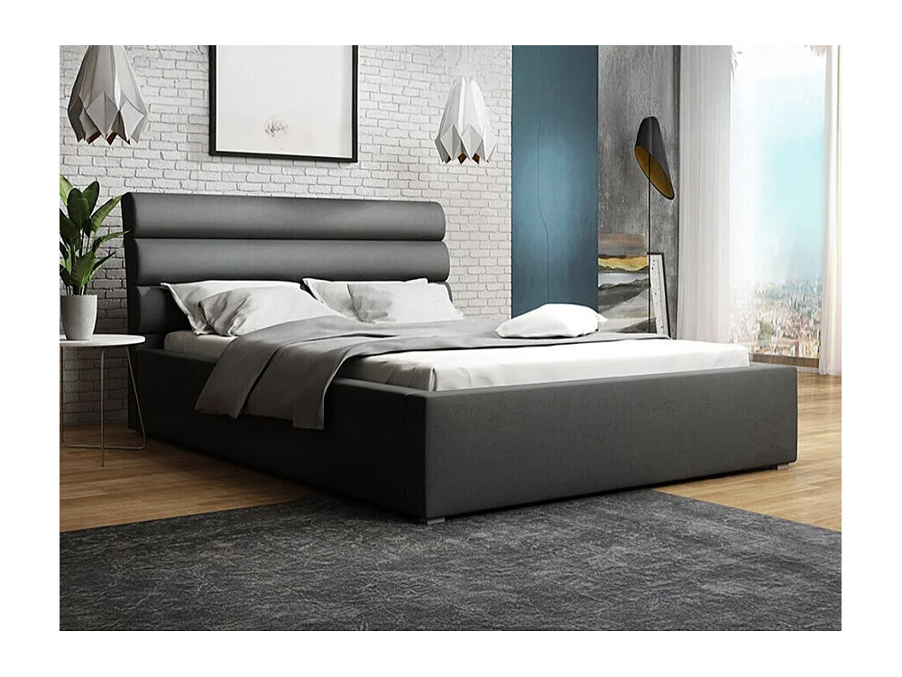 Lit Pomona 108, Double, Gris, 160x200, Tapisserie, Sommier à lattes, 180x223x100cm